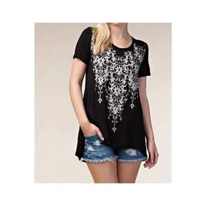 NEW VOCAL APPAREL floral printed rhinestone short sleeve knit top in black